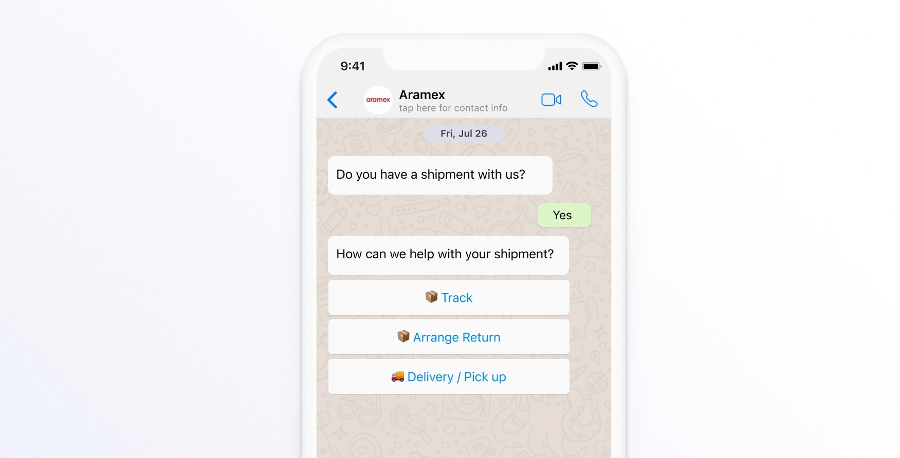 Smartphone displaying a WhatsApp chat screen with Aramex, where options to track, arrange return, and manage delivery or pickup for a shipment are visible.
