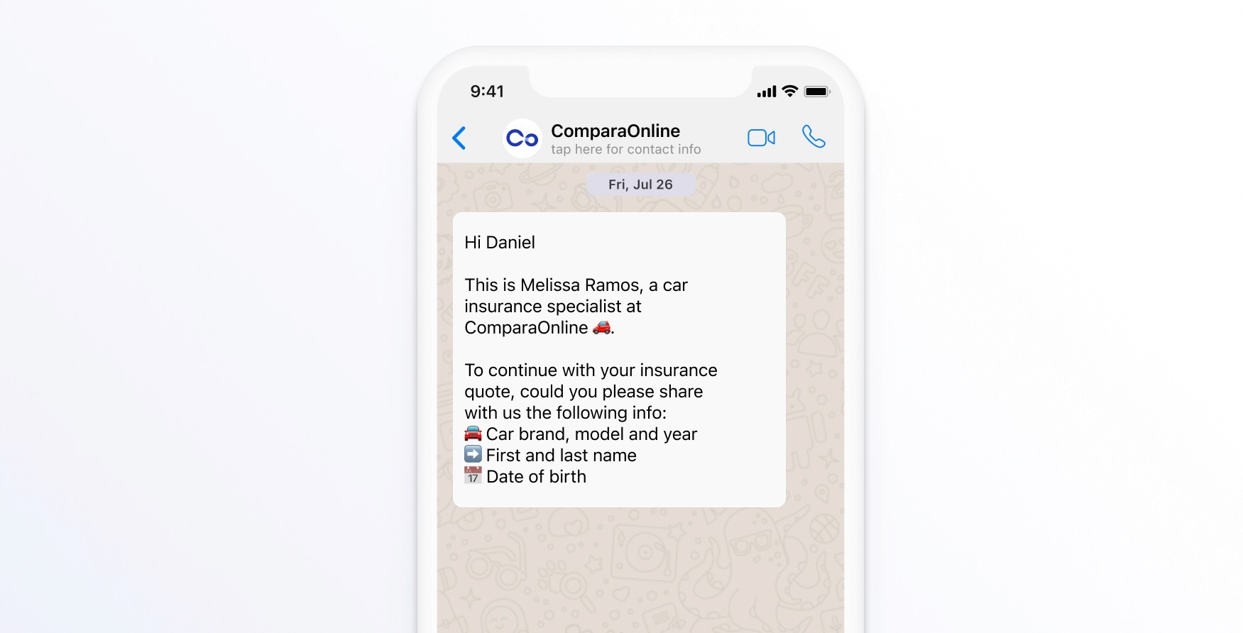 A smartphone screen displays a text conversation in a messaging app from CompararOnline, requesting a car brand, model, year, full name, and date of birth for an insurance quote.