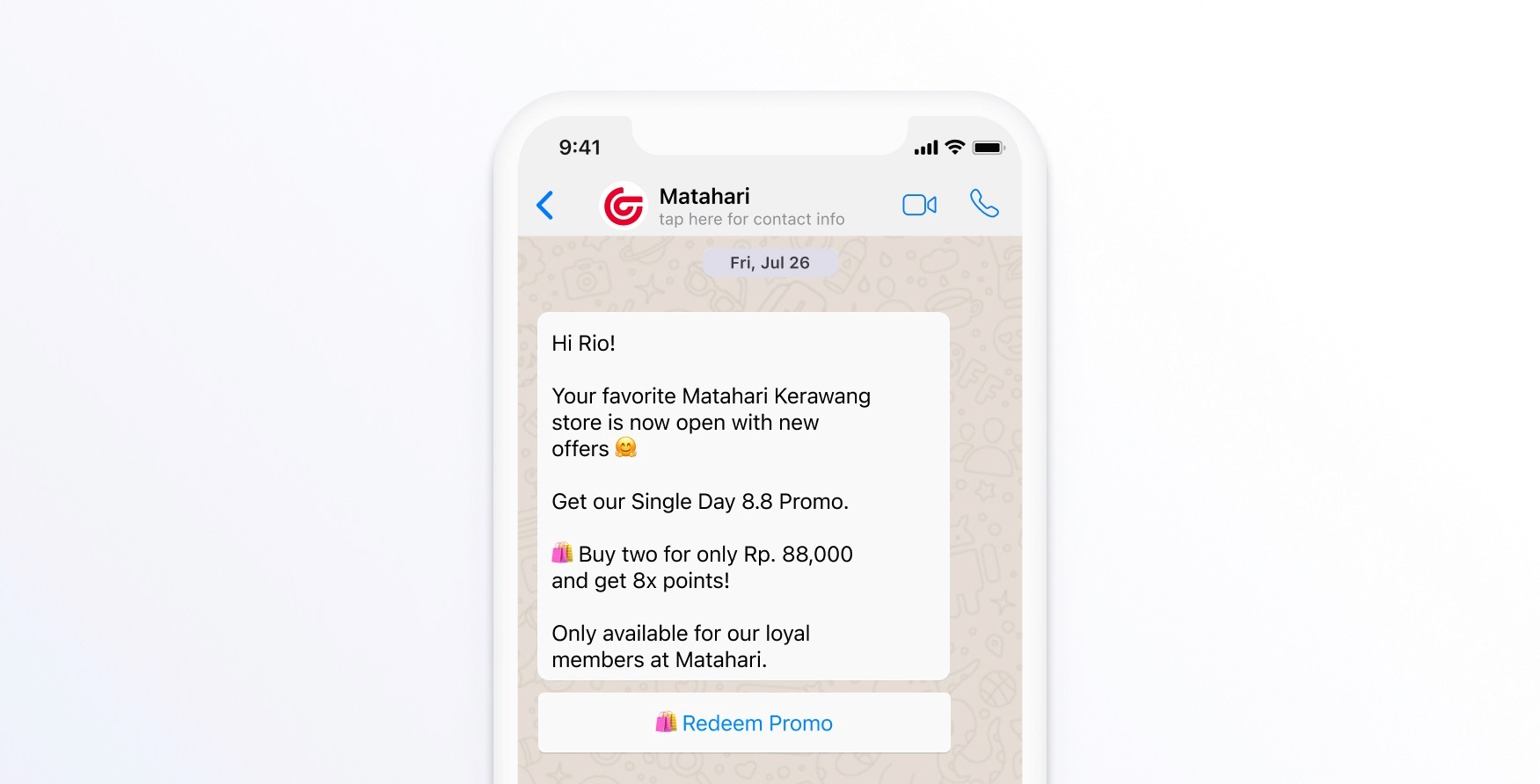 A smartphone screen displays a chat conversation from Matahari, promoting a store's reopening with offers like a "Single Day 8.8 Promo," featuring discounted prices and bonus points, exclusive for loyal members.