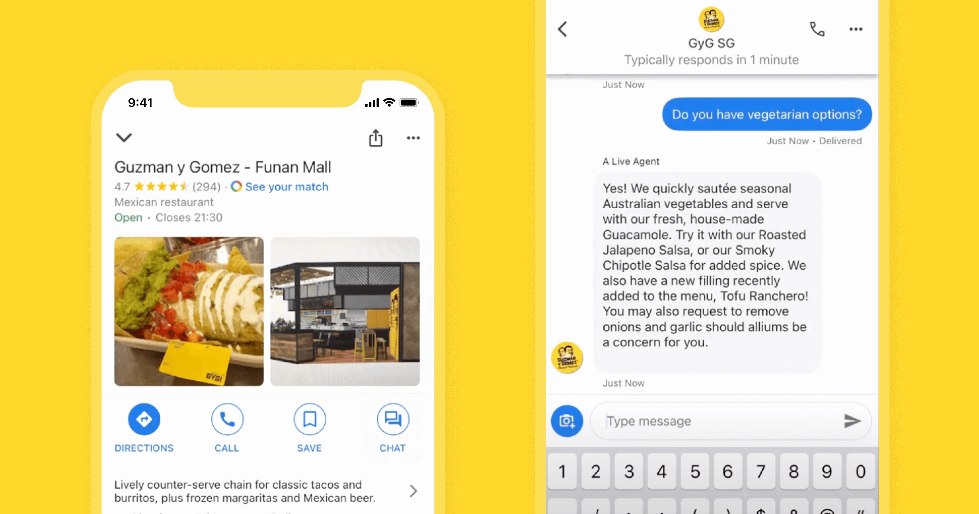 A smartphone screen displays the Guzman y Gomez restaurant page with a colorful image of a Mexican dish, featuring creamy guacamole and melted cheese beside a chat interface asking about vegetarian options.
