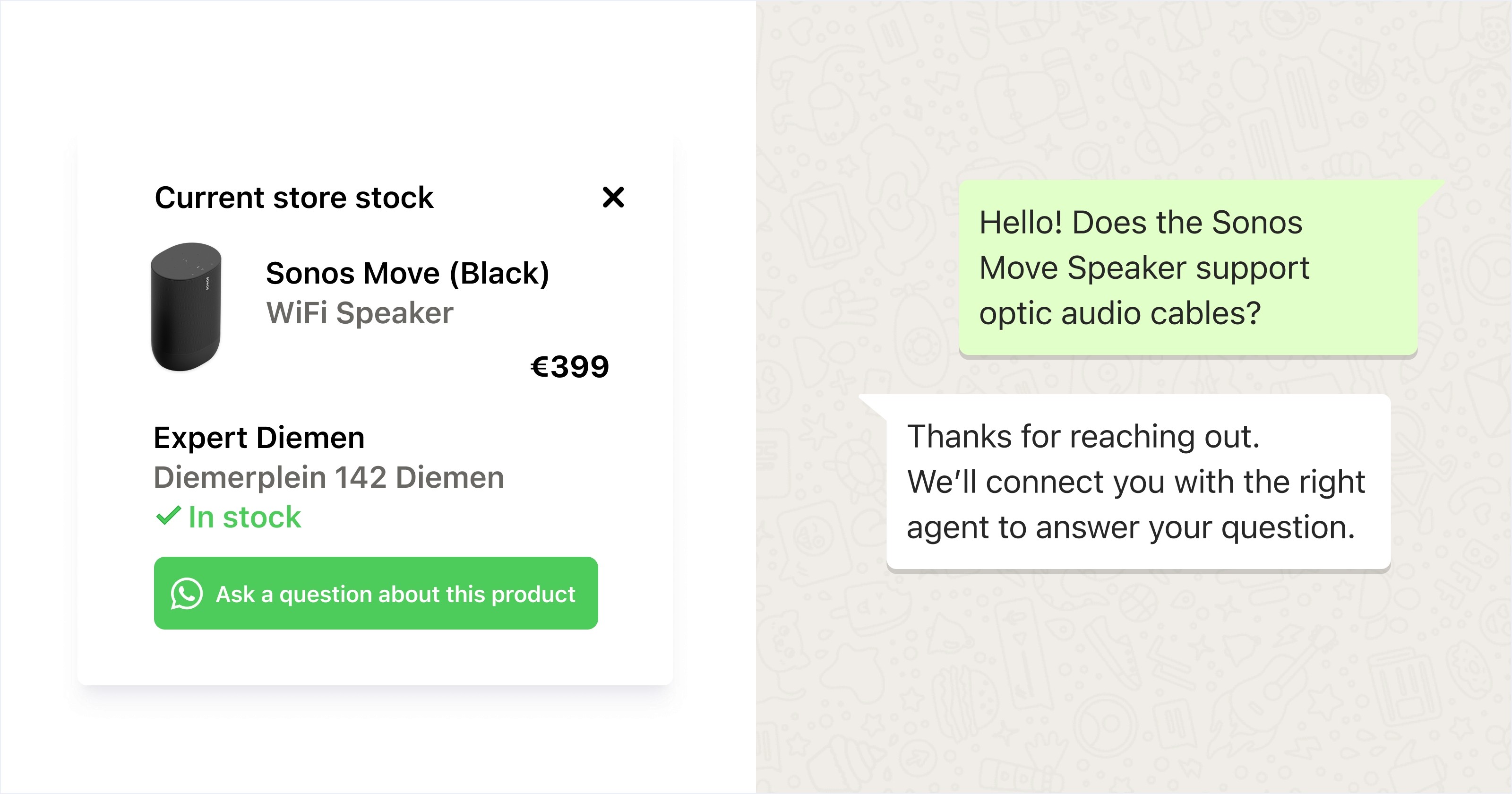 A digital product card displays the Sonos Move WiFi Speaker in black with a price of €399, marked as in stock at Expert Diemen, accompanied by an instant messaging chat inquiry about optic audio cables.