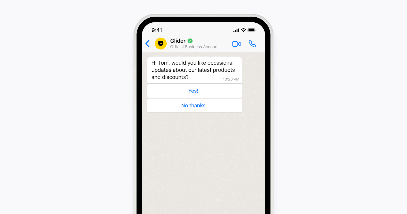 Messaging app where the user is being asked if they want to receive updates about products and discounts.