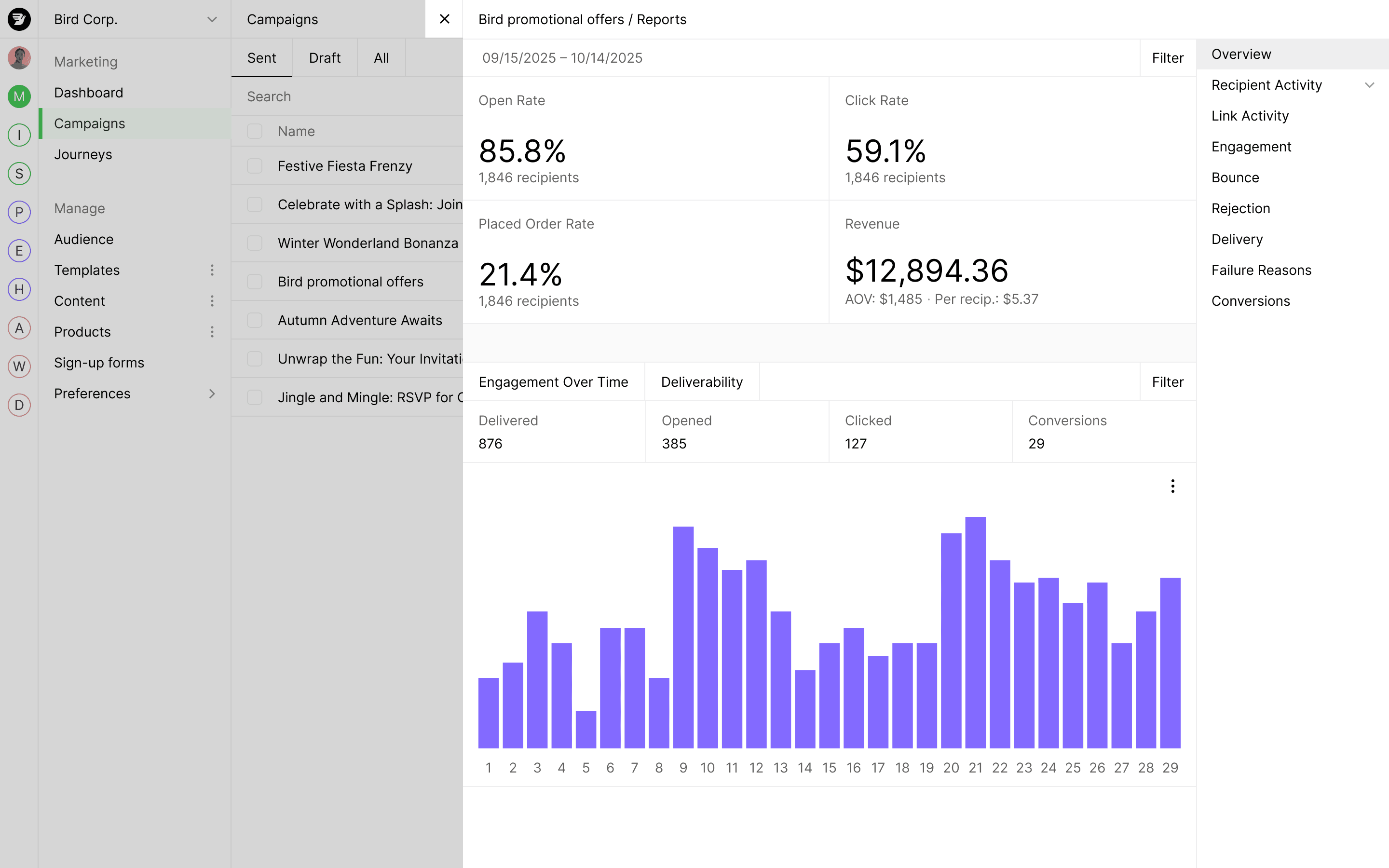 Marketing campaign report showing engagement metrics and revenue performance trends