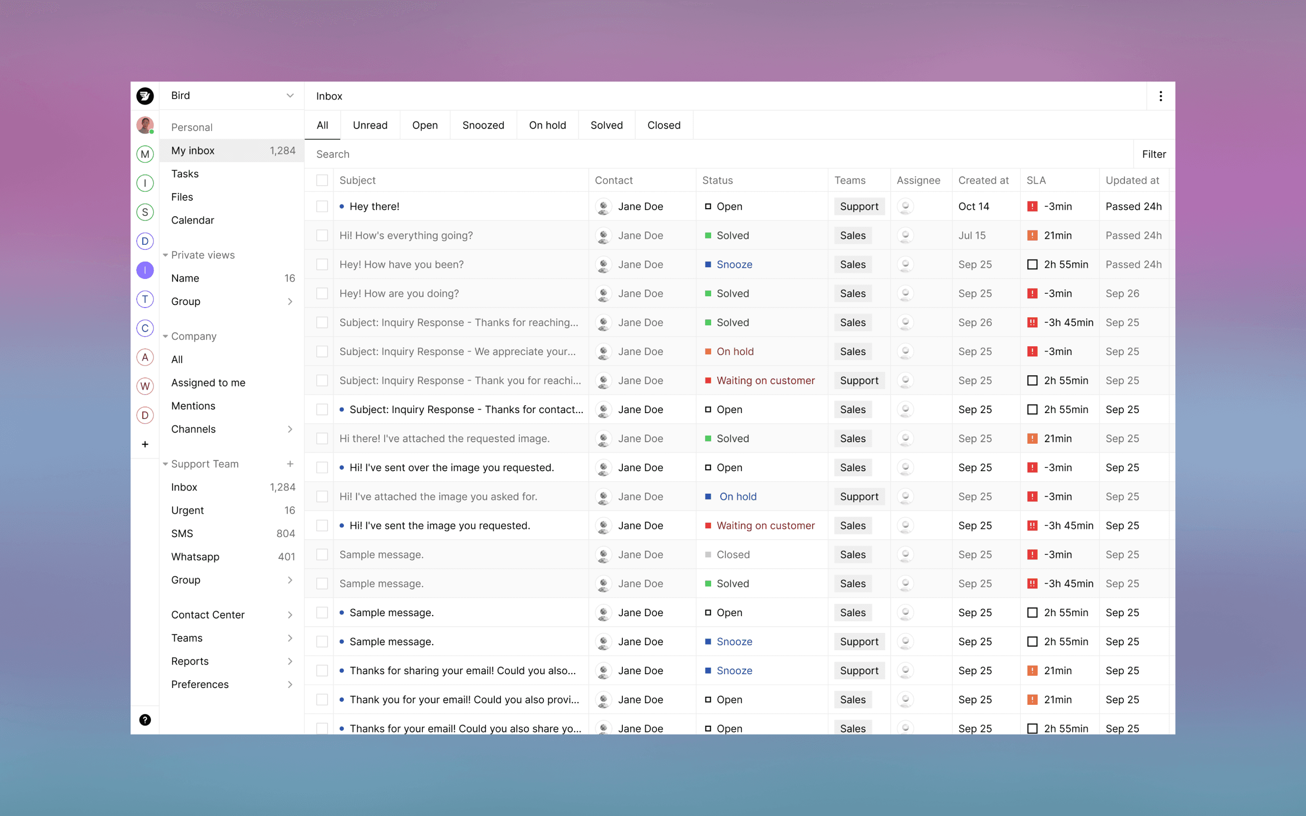 Bird Inbox dashboard displaying an organized inbox with various columns, including subject, status, assignee, and date.