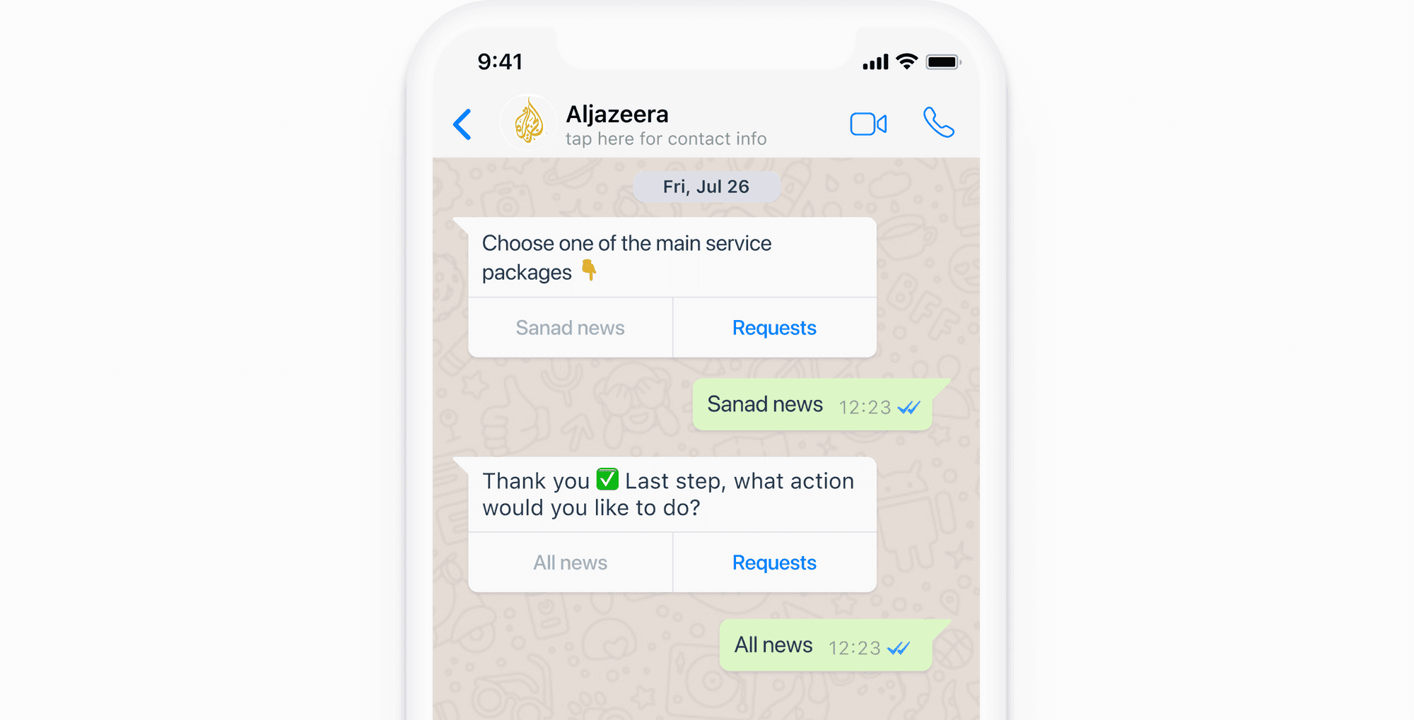 Smartphone screen displaying a messaging app with a conversation between a user and a Aljazeera, discussing main service packages with selectable options like "Sanad news" and requests.