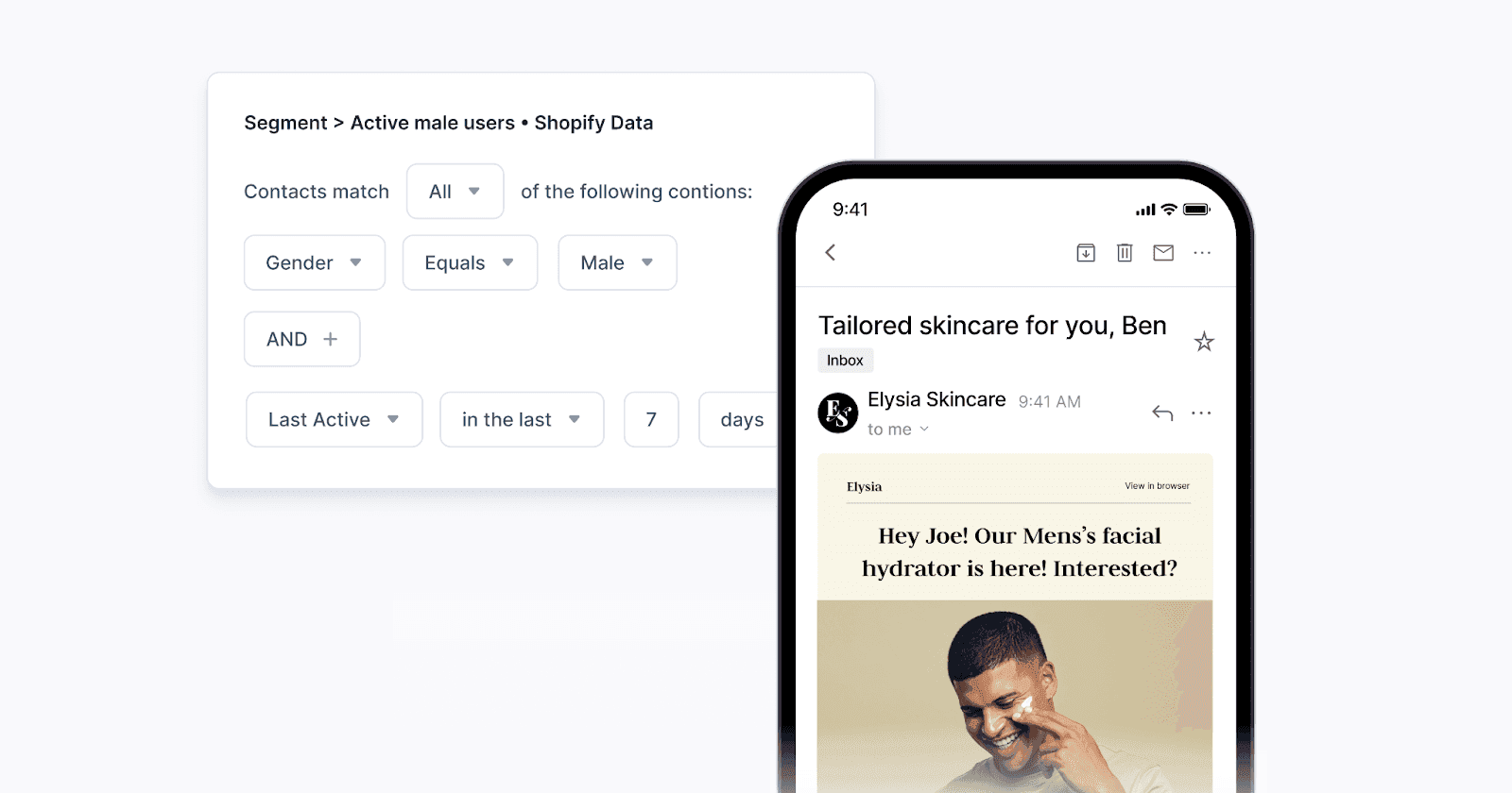 Personalized email tailored for male customers, next to a segmented marketing tool interface showing filters for targeting gender and active users on Shopify.