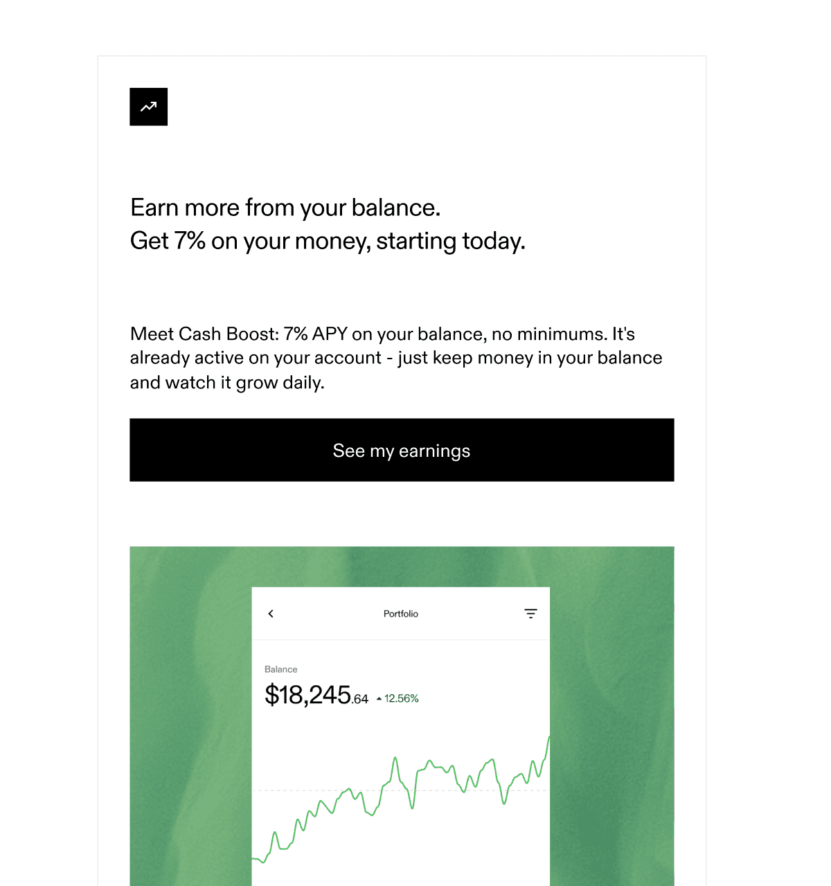 Email displaying portfolio value, complemented by a growth percentage, suggesting an emphasis on investment gains, engagement, and increased conversions.