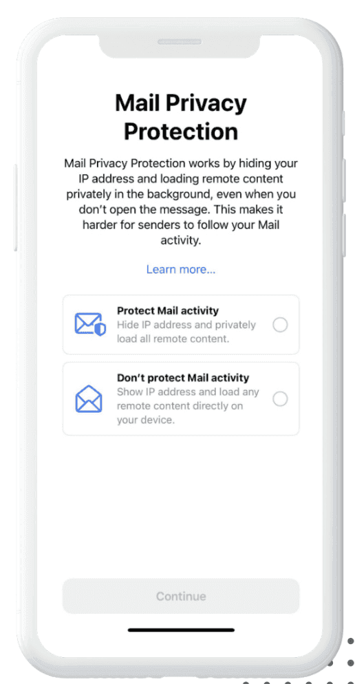 iPhone screen displaying the "Mail Privacy Protection" settings.