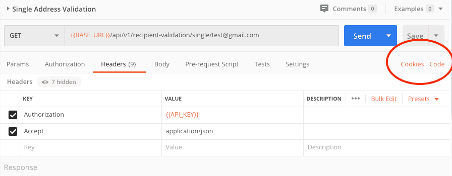 Postman interface used for API testing, featuring a "Single Address Validation" endpoint with GET parameters, a Headers section showing Authorization and Accept keys, and a highlighted area labeled "Cookies" and "Code" on the right side.