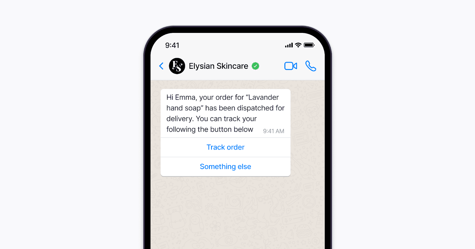 Chat message confirming the dispatch of "Lavender hand soap" with options to track the order or explore other options.