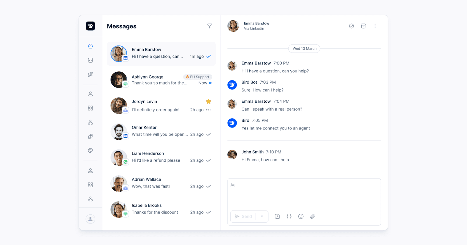 Messaging dashboard displaying a series of chat conversations designed for customer service and communication purposes.