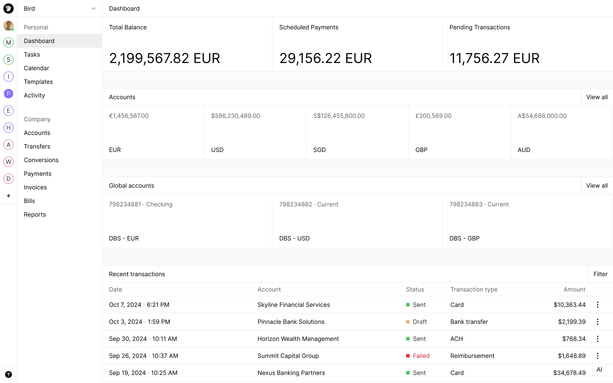 Banking dashboard for Bird displaying financial overview with total balance, scheduled payments, and pending transactions in EUR. The interface includes sections for multi-currency accounts and a list of recent transactions.