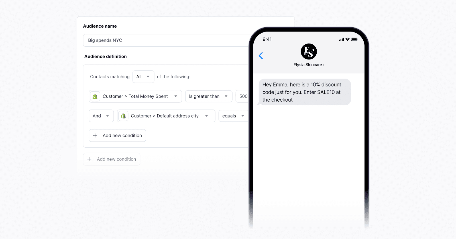 Marketing platform featuring a form with fields for defining audience criteria, alongside a mobile showing a text message offering a 10% discount code.