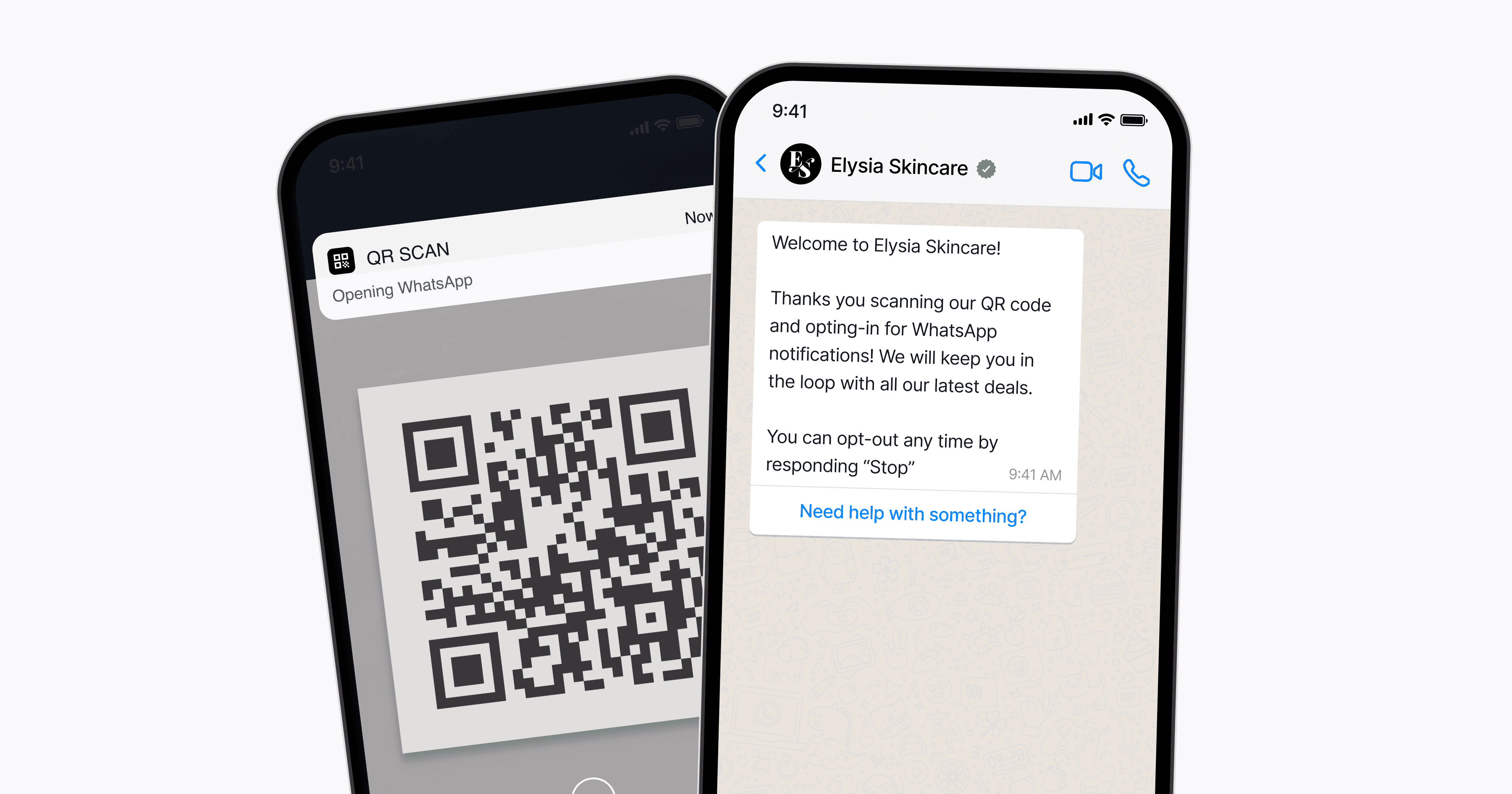 QR code on the left screen for accessing WhatsApp, and a welcome message from "Elysia Skincare" on the right screen, showing smartphone communication and digital connectivity.