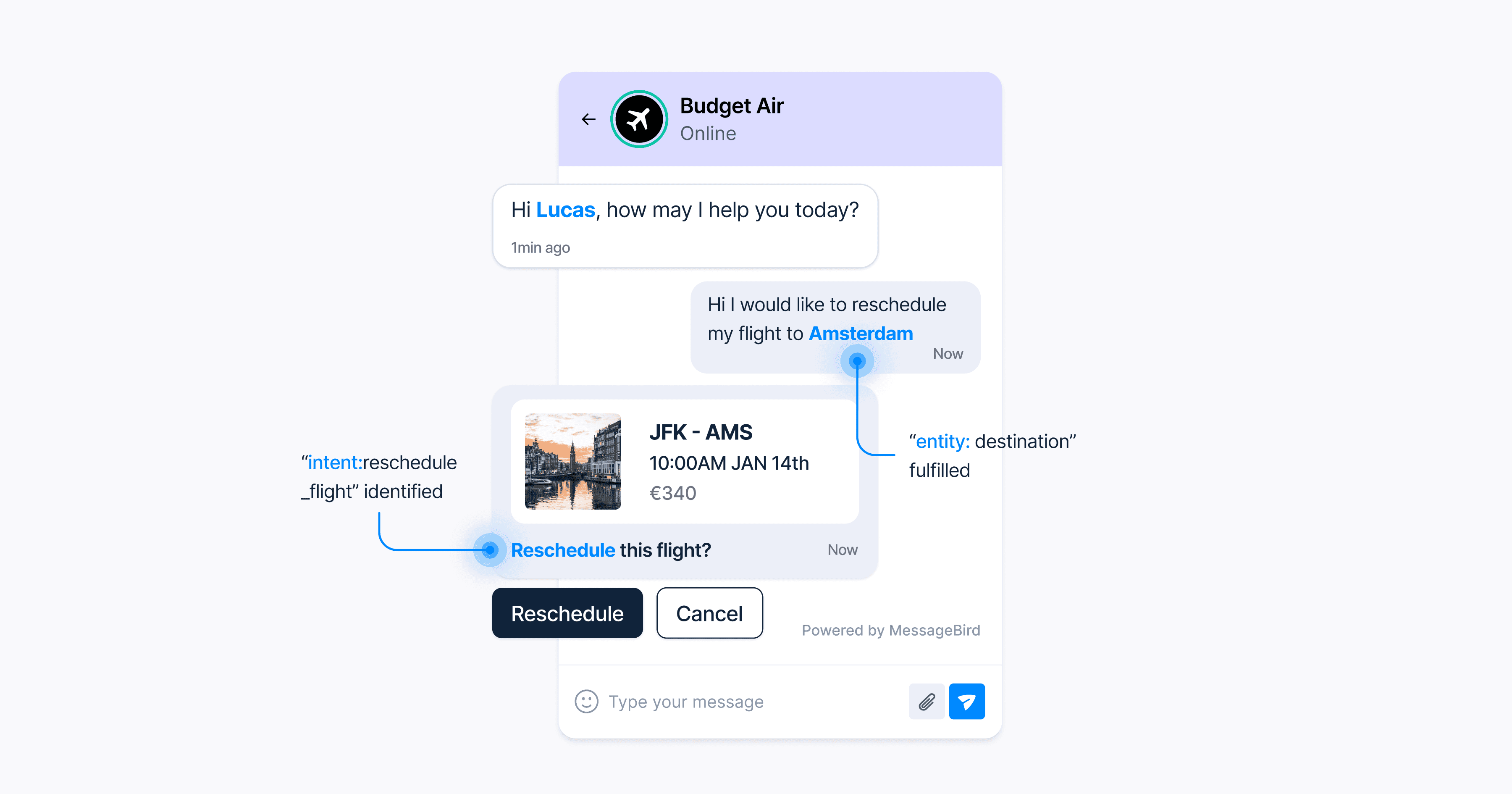 Chatbot infographic helping a user reschedule their flight.