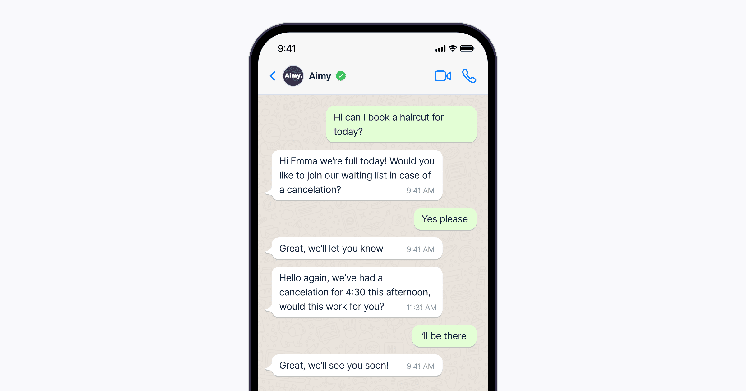 A smartphone displays a text conversation in a booking app, where a user confirms a 4:30 PM haircut appointment after being notified of a cancellation.