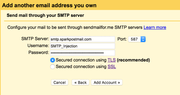 Gmail SMTP server configuration form showing SparkPost mail server settings with server address, port number, username, password fields, and TLS security option selected.