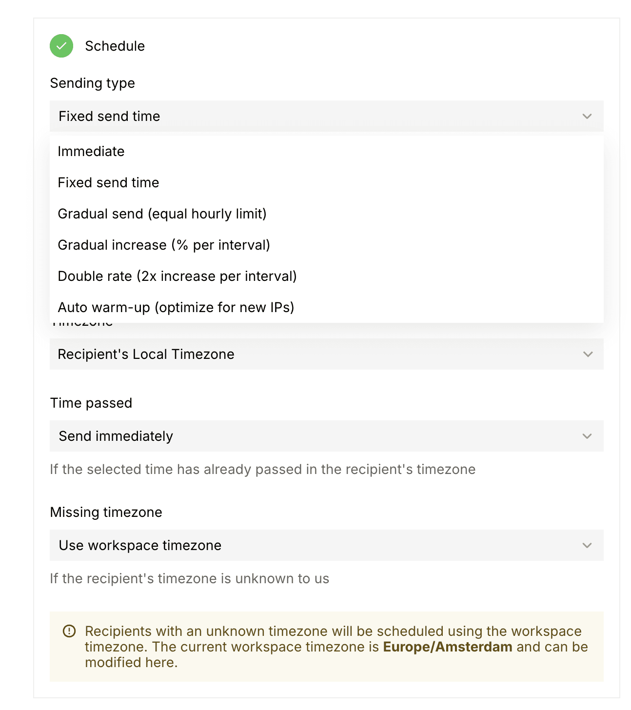 Scheduling tool with options for sending time, gradual sending, and timezone settings, emphasizing recipient timezone features and workspace timezone defaults.