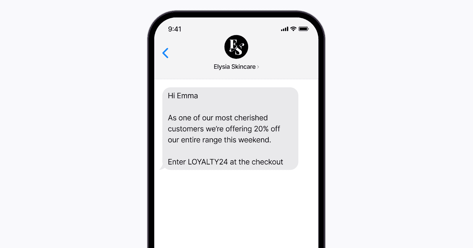 Text message offering a 20% discount on products.