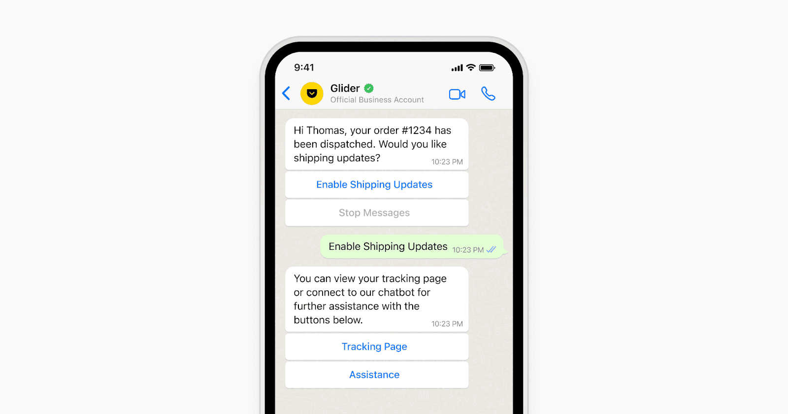 Conversation about an order dispatch update, featuring options for enabling shipping updates and accessing the tracking page or assistance.