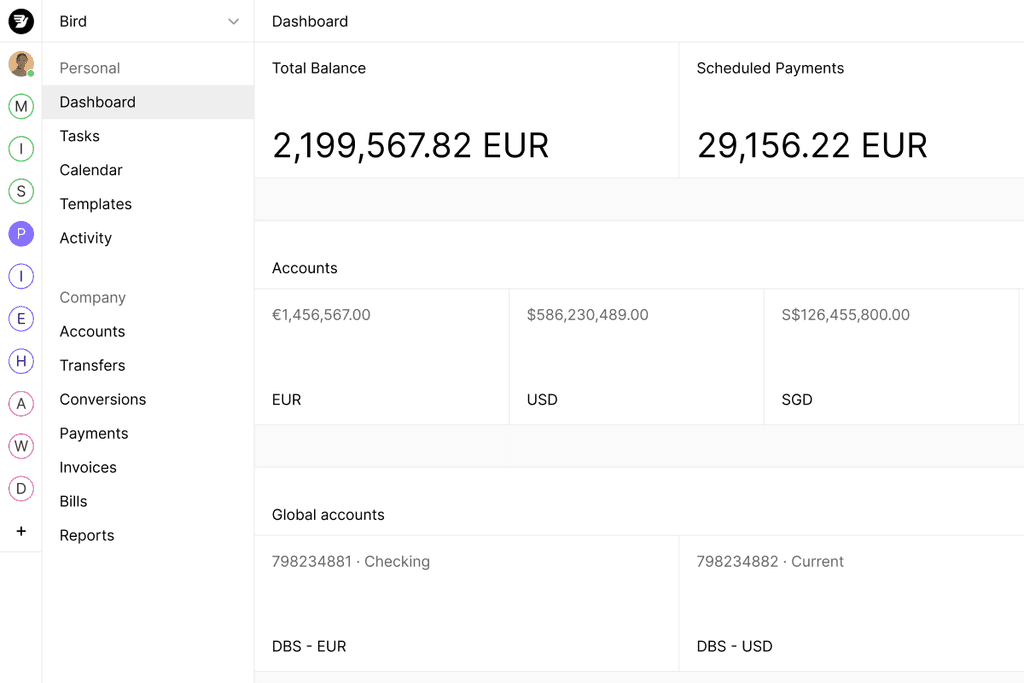 Financial overview with total balance and scheduled payments, highlighting details like accounts in EUR, USD, and SGD, alongside global account information, to facilitate effective payment management.