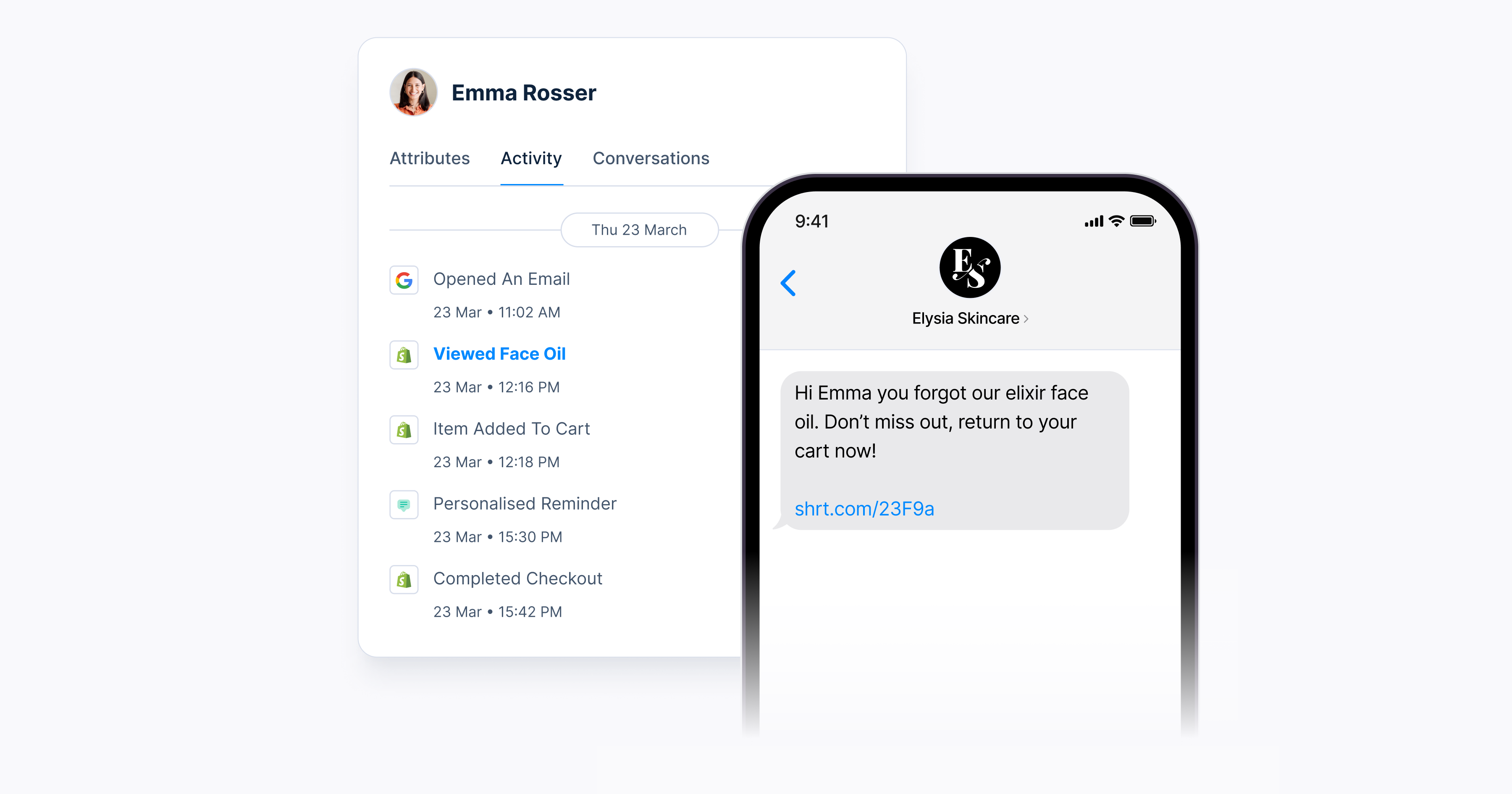 Reminder message from Elysia Skincare, alongside a dashboard tracking a customer’s activity.