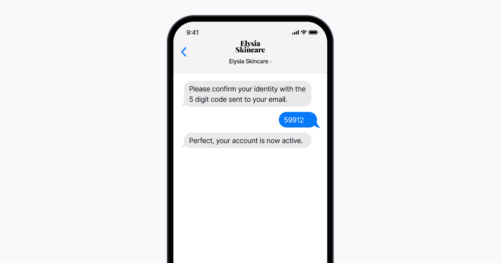Text message conversation with a skincare brand, where the user is confirming identity using a 5-digit code received via email to activate their account.