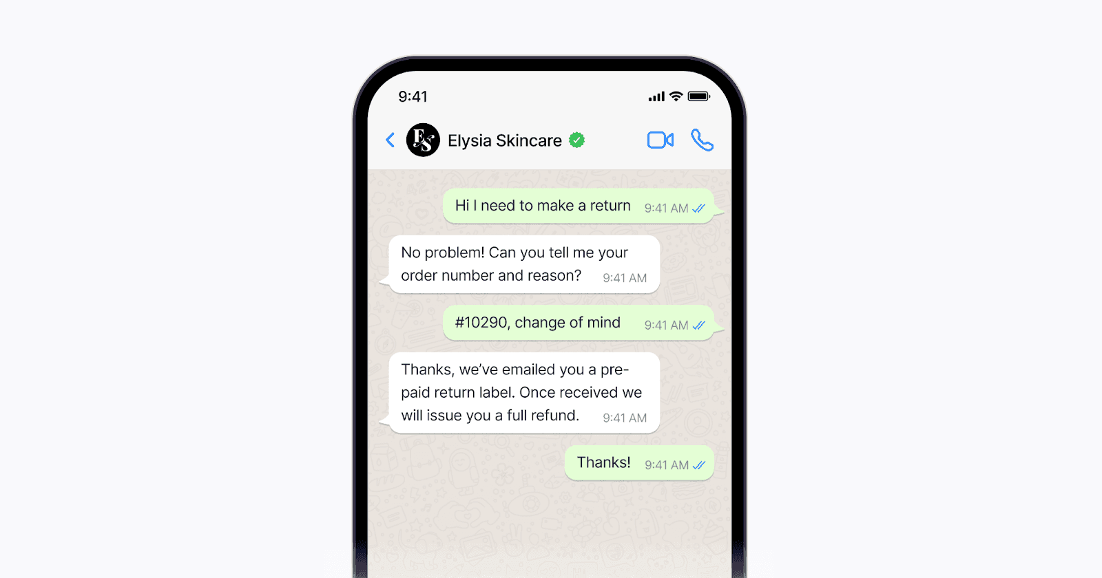 Chat conversation discussing a return process; the customer inquires about making a return, and the business responds with instructions for a prepaid return label and refund information.