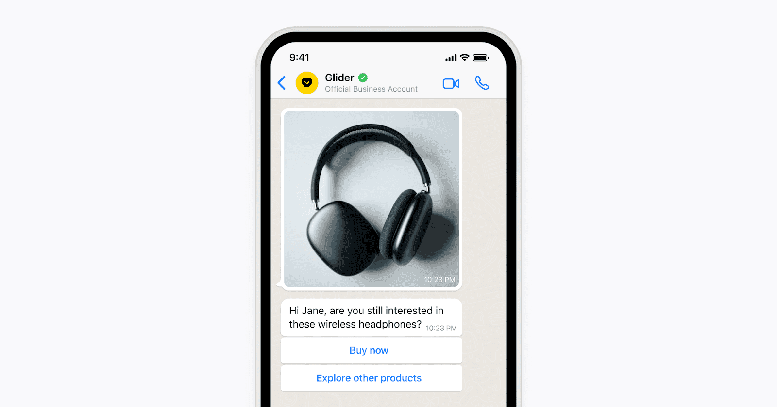 Messaging app conversation accompanied by a message offering options to "Buy now" or "Explore other products."