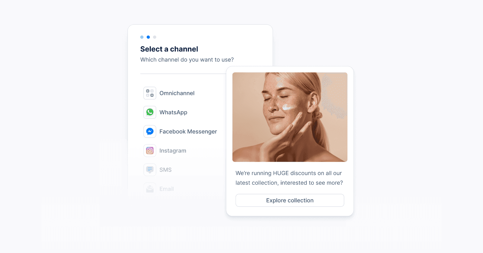 Selection panel for communication channels, including SMS, WhatsApp, and Instagram.
