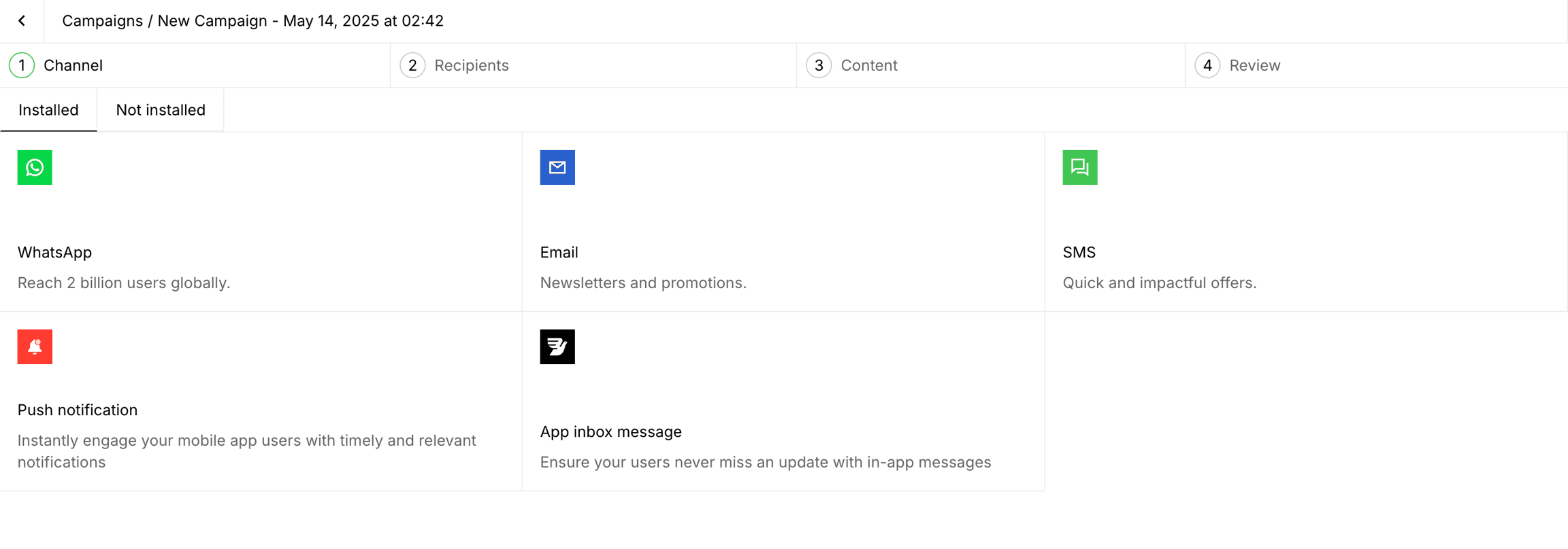 Campaign management interface featuring options for channels like WhatsApp, Email, SMS, Push Notification, and App Inbox Message.