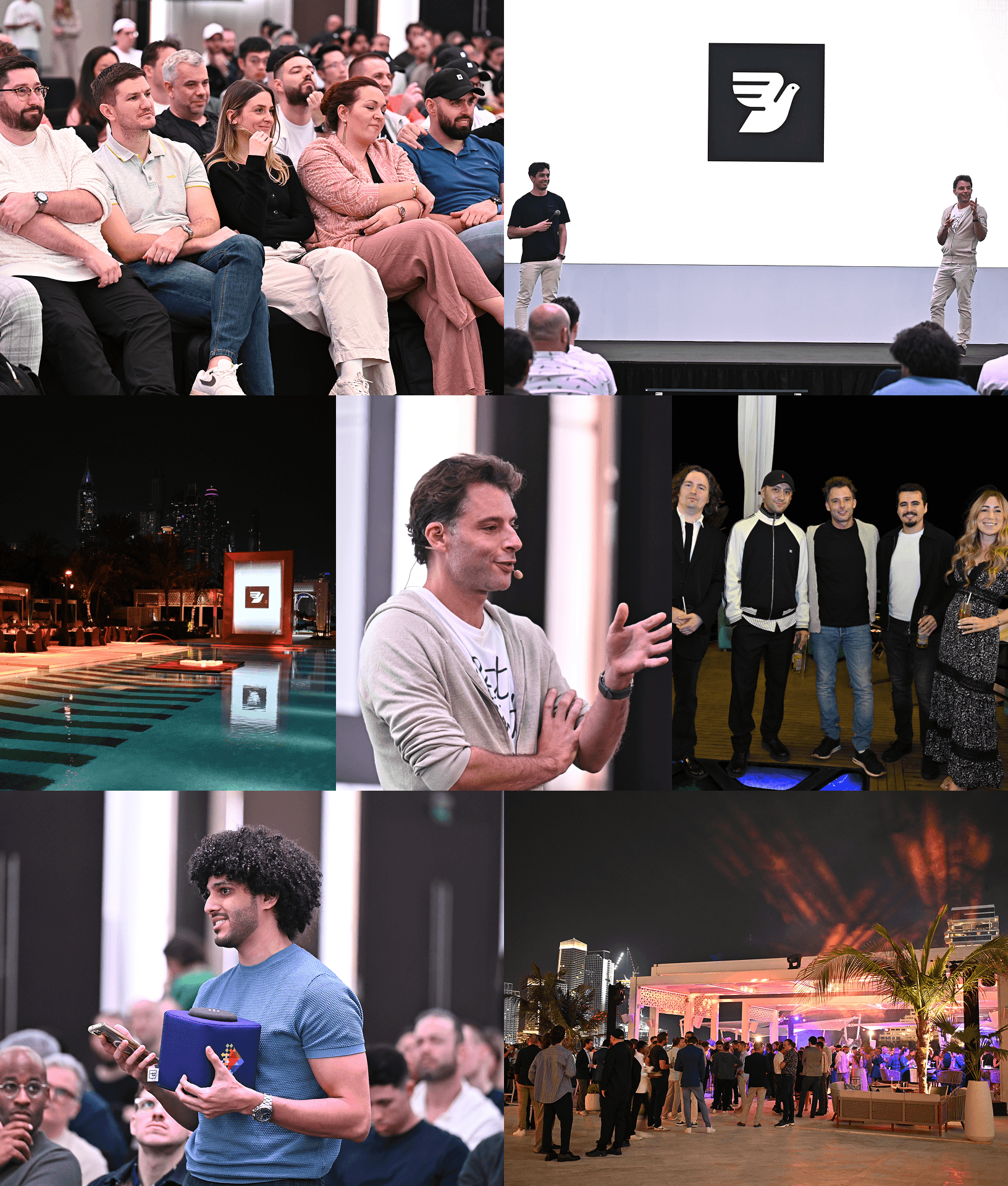Collage of Bird company event in Dubai showing presentation with Bird logo, audience members, speakers on stage, networking moments.