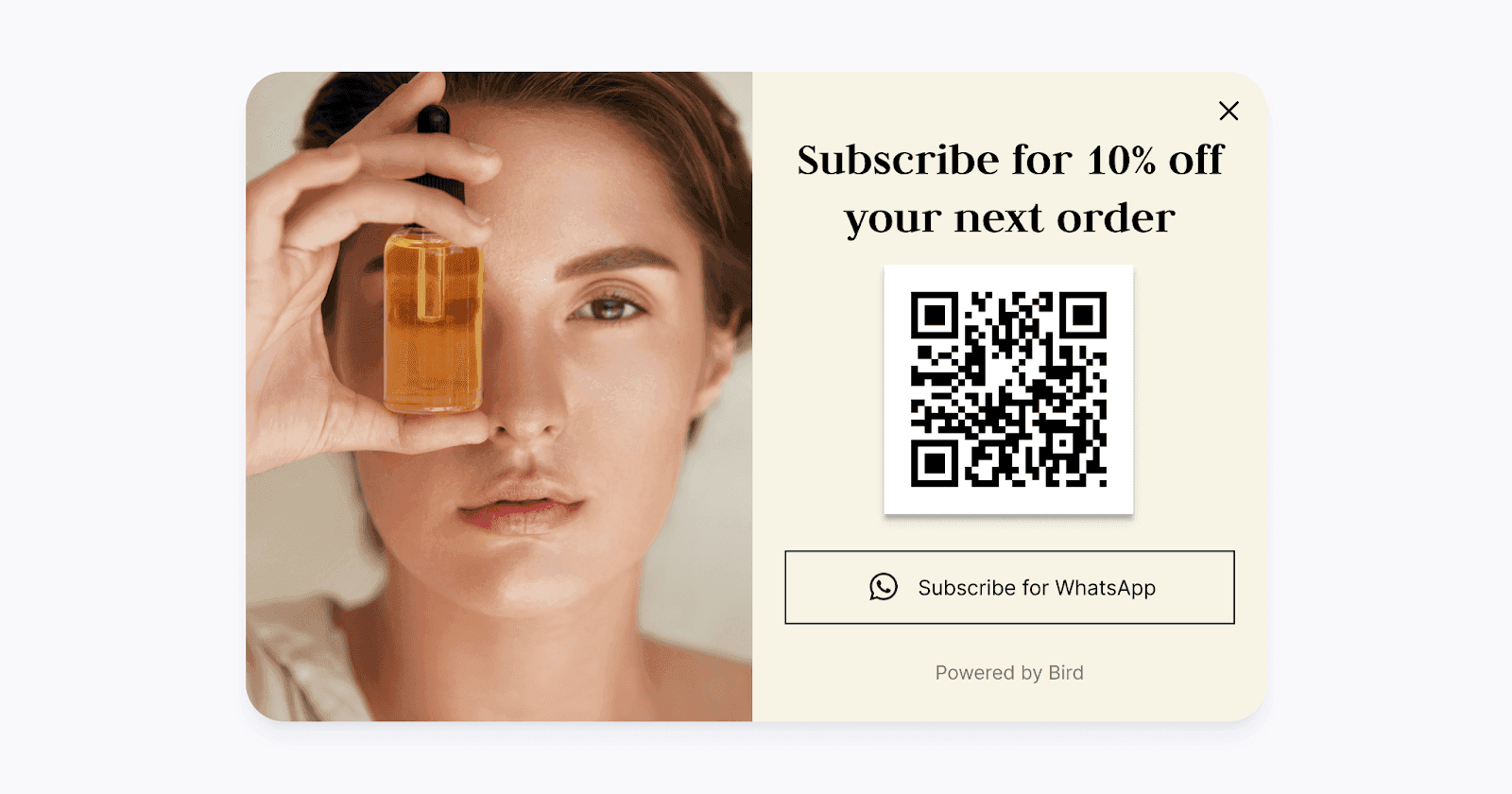 Promotional offer featuring a QR code for a 10% discount on the next order, with an option to subscribe via WhatsApp.