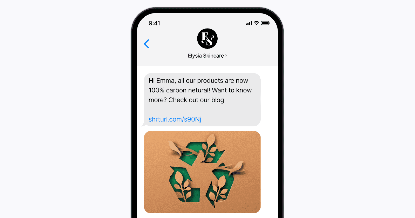 Text message stating, "Hi Emma, all our products are now 100% carbon neutral! Want to know more? Check out our blog," promoting sustainable skincare practices.