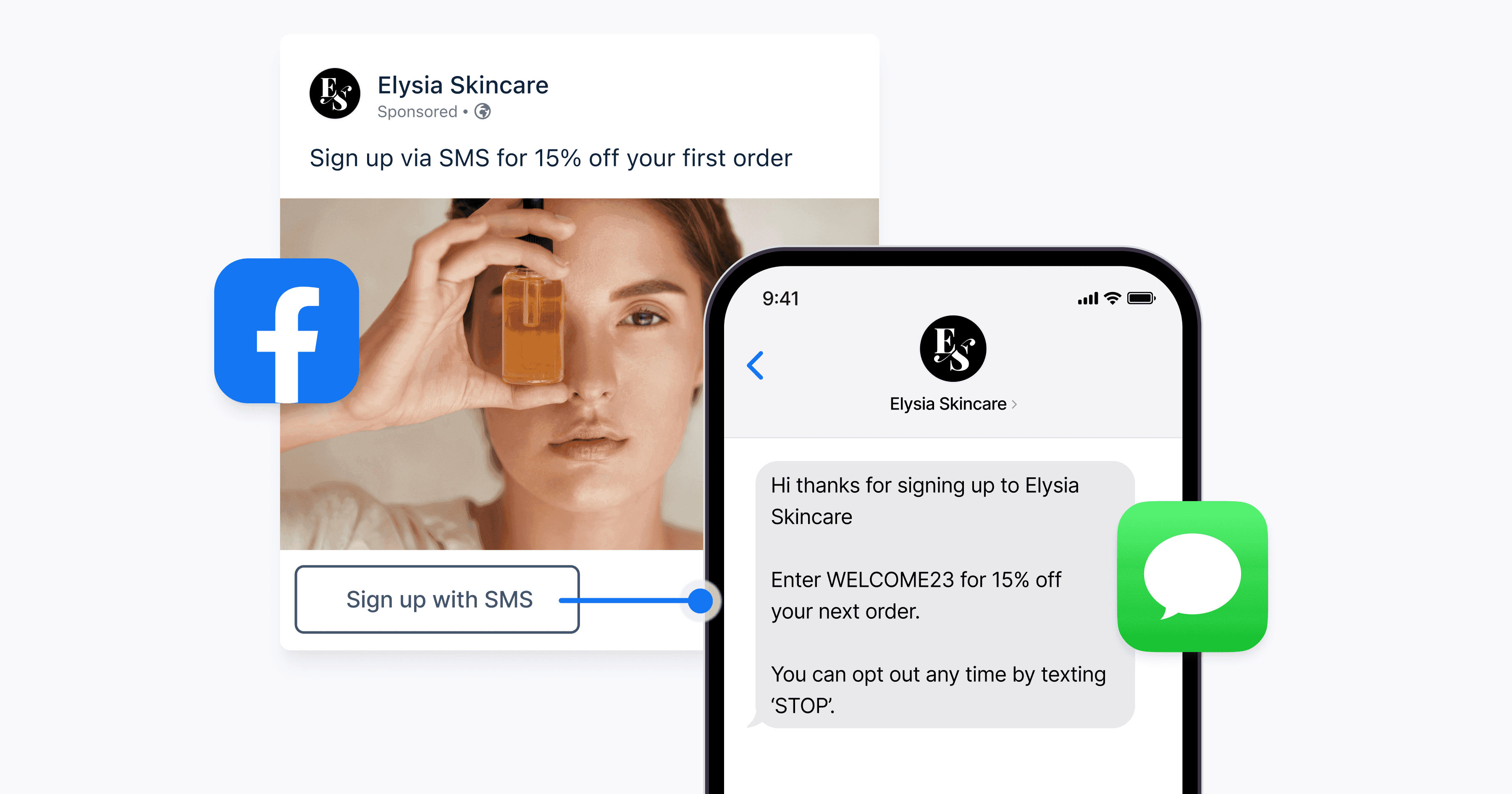 Promotional message from Elysia Skincare on social media, offering a 15% discount for SMS sign-up, along with icons for Facebook and text messaging.