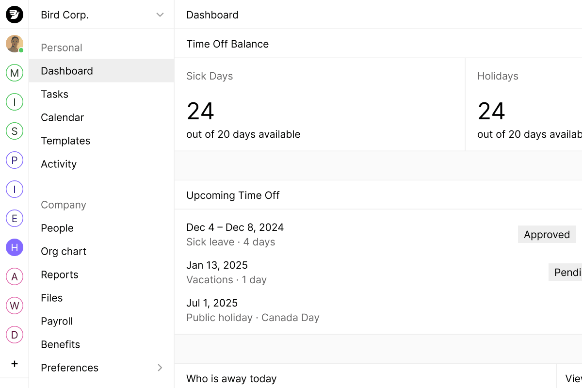 Dashboard interface of a human resources management tool from Bird, displaying a time off balance section with details on sick days and holidays, alongside upcoming time off approvals and pending requests.