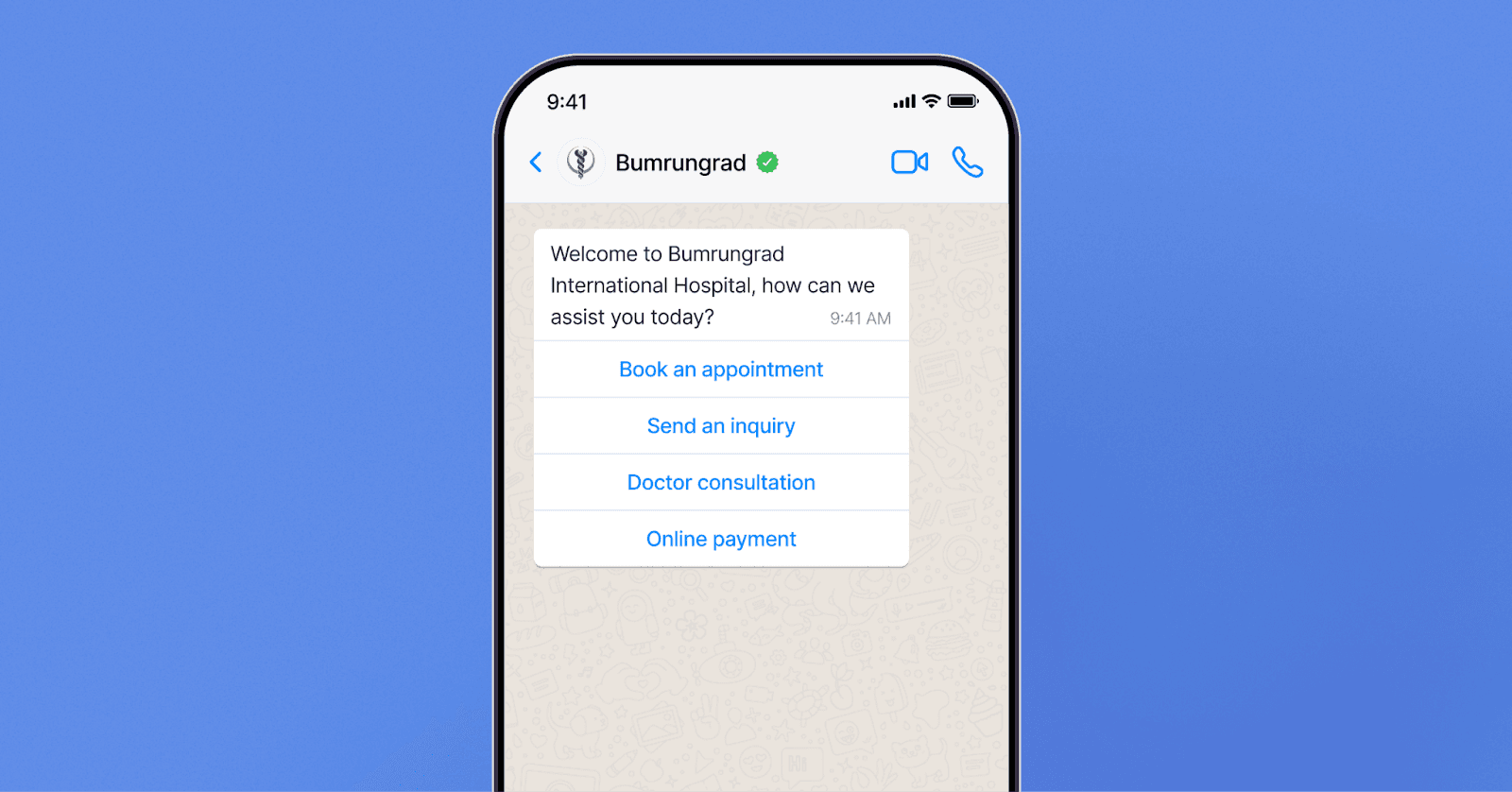 Smartphone screen with a WhatsApp chat displaying options from Bumrungrad International Hospital, including "Book an appointment," "Send an inquiry," "Doctor consultation," and "Online payment,".