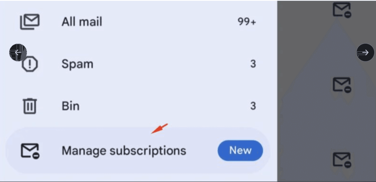 An email app interface displaying a sidebar menu.