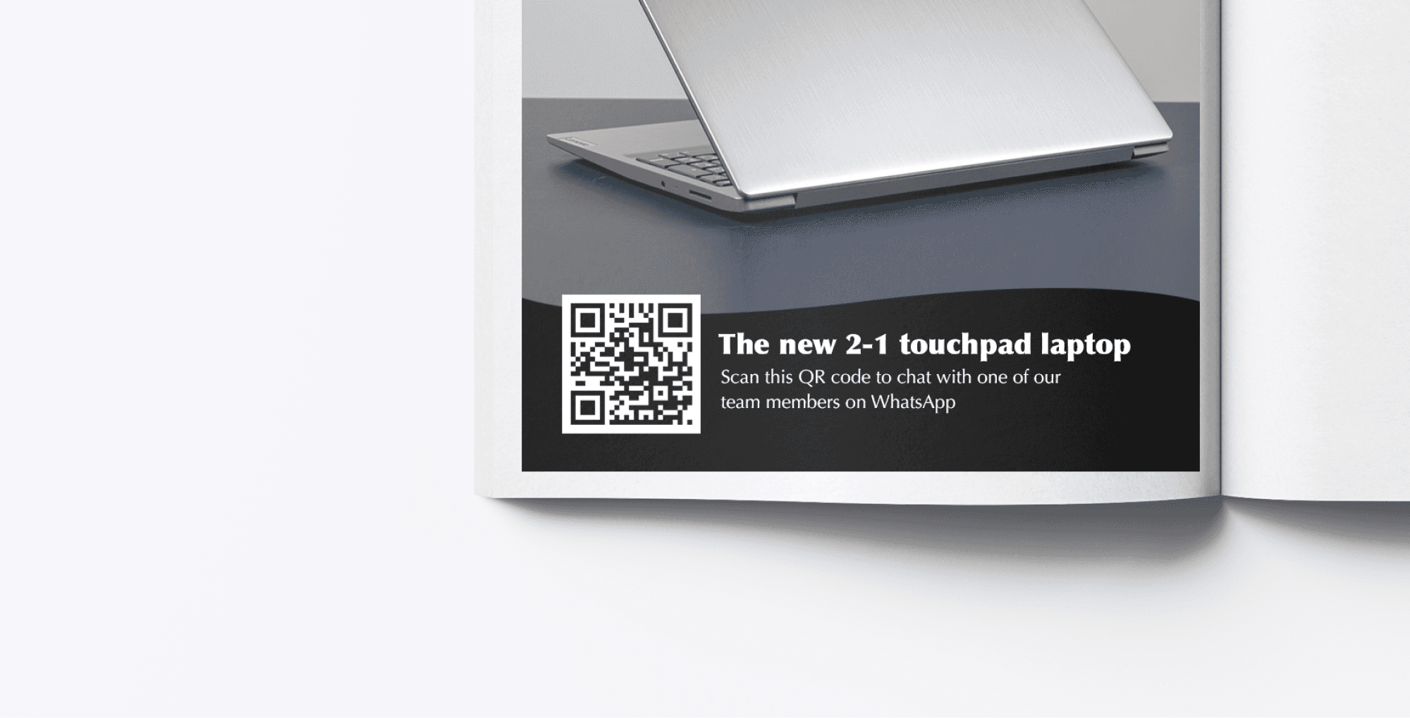 Ad on magazine with QR code with the option to chat to the business on WhatsApp
