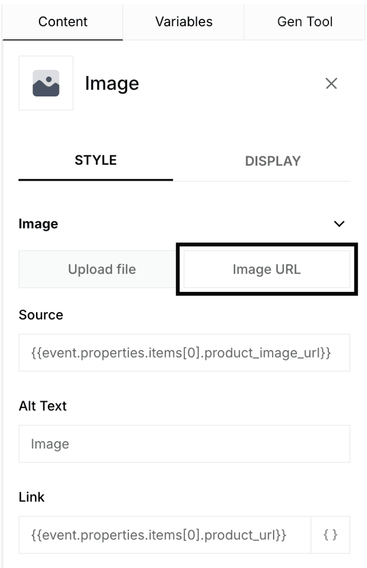 Shows an interface for uploading an image URL to personalize email content, featuring dynamic elements options.