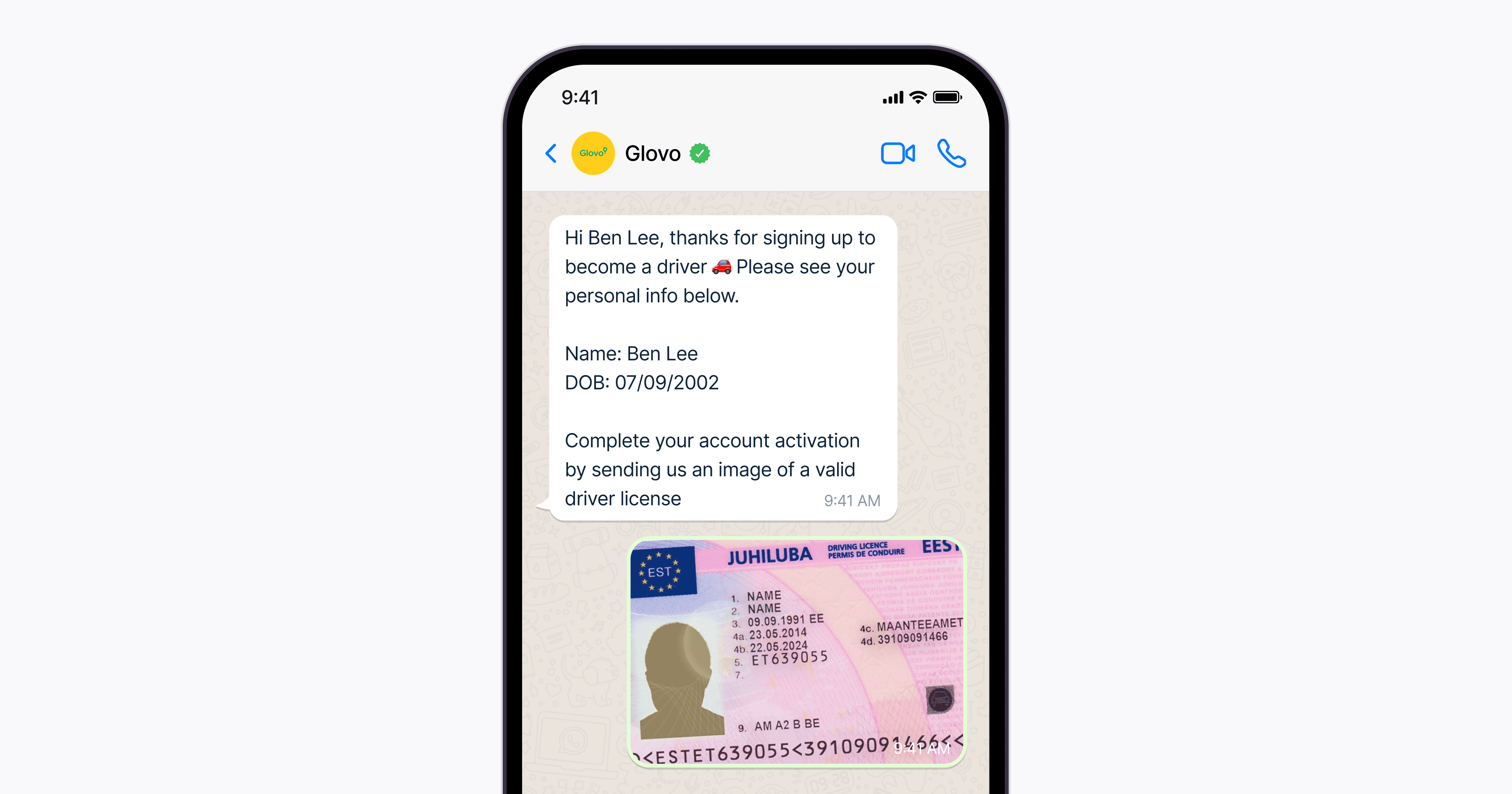 Smartphone screen displaying a text message from Glovo, requesting personal information for driver activation, followed by a photo submission of a valid driver license.