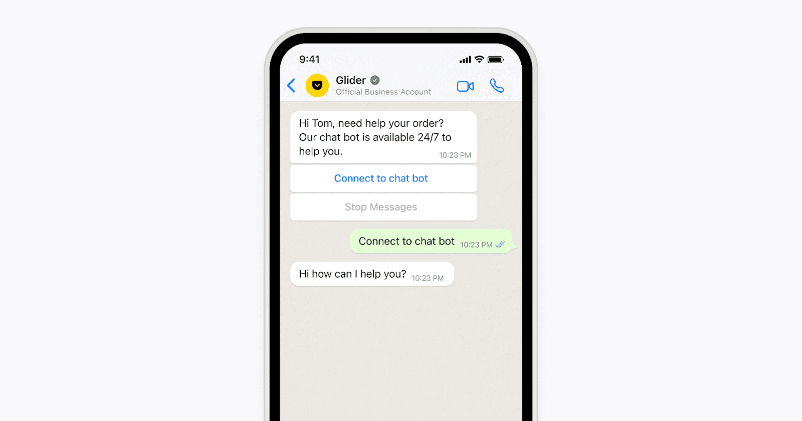 Conversation with a business account where the user is offered assistance via a chatbot.