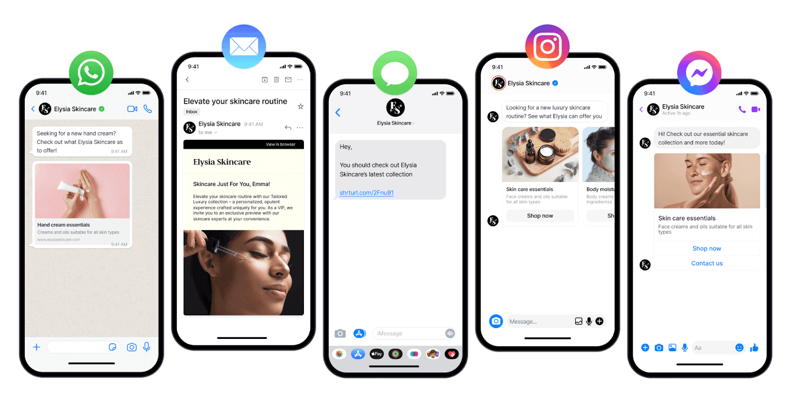 Five smartphones displaying different social media and messaging apps.