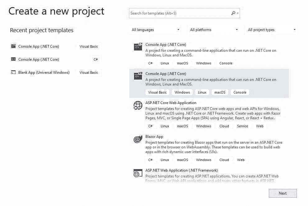 Visual Studio interface for creating a new project, highlighting options such as Console App (.NET Core) and ASP.NET Web Application, with sections for selecting the language, platform, and project type.