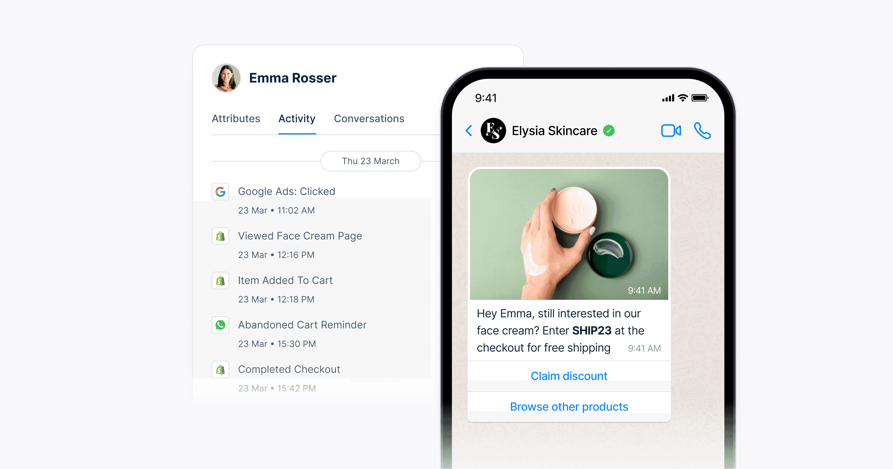 Skincare product message with a discount code and a computer screen showcasing analytics data including customer activity and interactions.