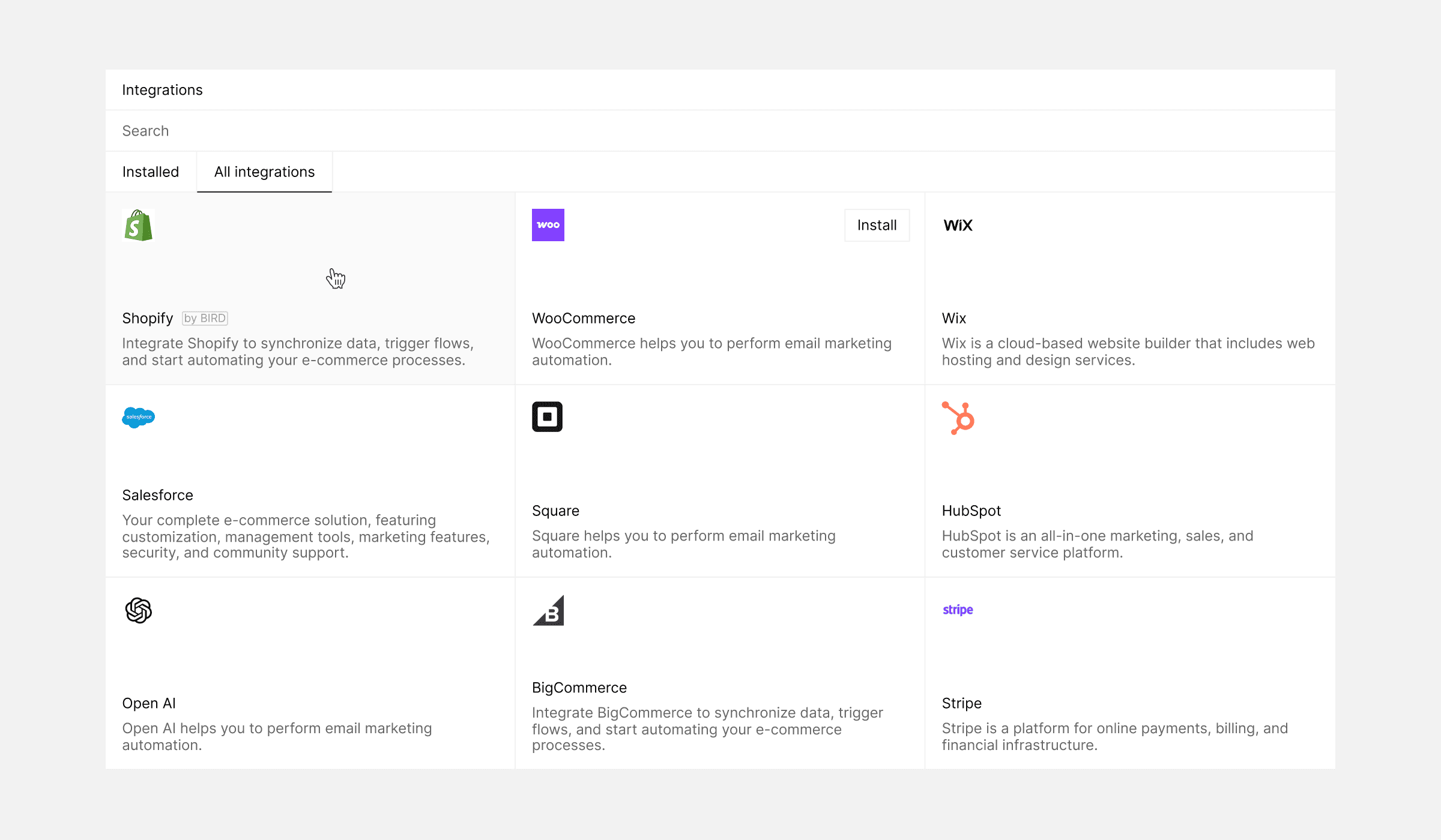 Dashboard showing a grid of platform integrations like Shopify, WooCommerce, and Wix, with syncing and automation features.
