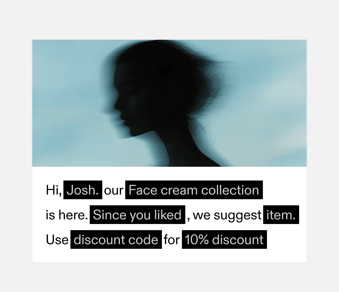 Text offering a personalized face cream recommendation and a discount code, reflecting engagement in data-driven marketing campaigns.