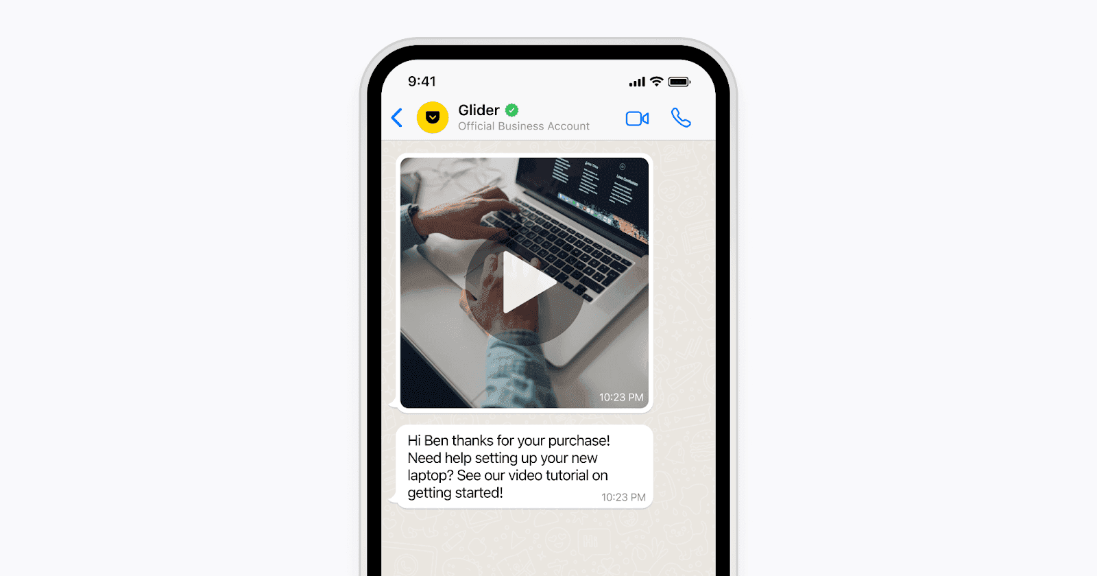 Messaging app conversation with a video message.