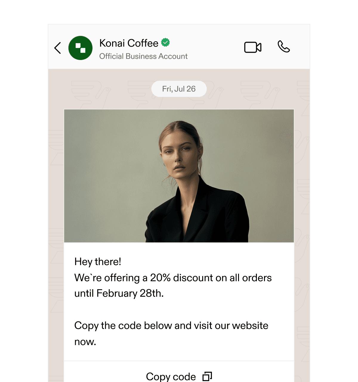 WhatsApp marketing message from Konai Coffee, offering a 20% discount on all orders with a code provided for personalized campaigns.