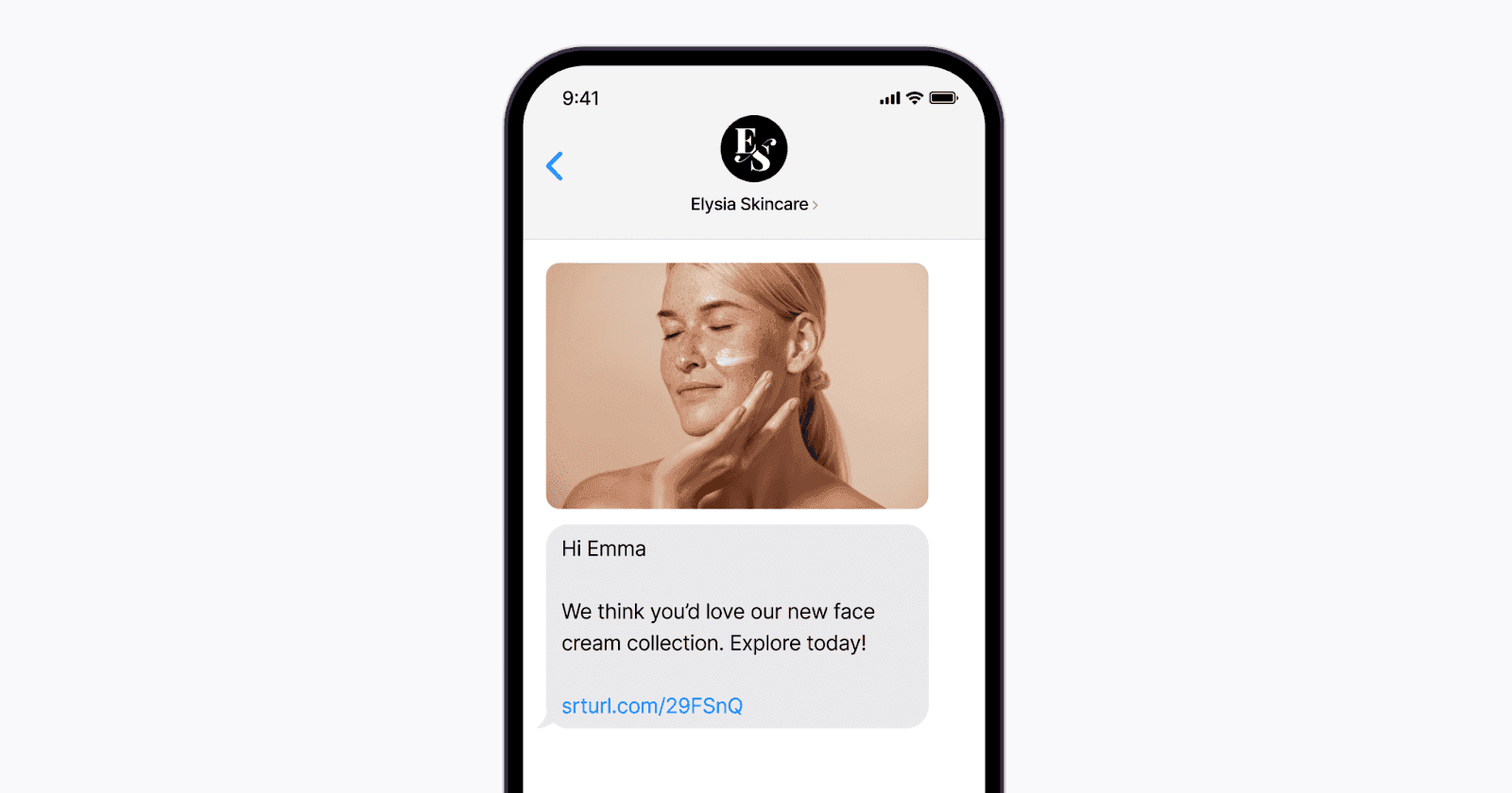A smartphone screen displays a message from "Elysia Skincare".